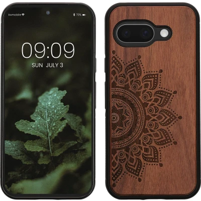 Afbeelding van kwmobile telefoonhoesje geschikt voorGoogle Pixel 9a Hoesje met bumper walnoothout In donkerbruin Opkomende Zon design