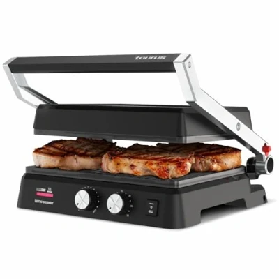 Afbeelding van Taurus Bistro Gourmet grill 2600W 2 in 1: &amp; grillplaat 29 x 23 cm trapsysteem Dual Heat Tech Antiaanbaklaag zonder PFOA Afneembare vetbak Timer 30 min