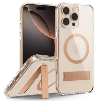 Afbeelding van Caseology Capella Mag beschermhoes met standaard voor iPhone 16 Pro Max [geïntegreerde standaard] magnetische militaire kwaliteit valbescherming aan de zijkanten Sepia goud