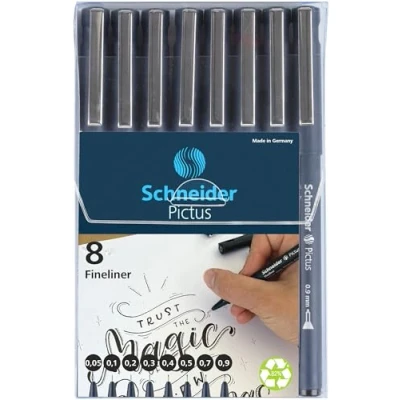 Image de Schneider Pictus Lot de 8 feutres à pointe fine Noir épaisseurs trait différentes : 0,05 0,9 mm