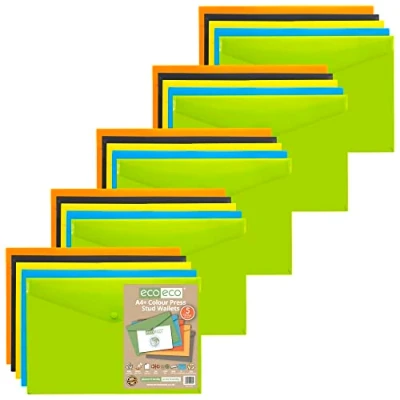 Afbeelding van eco 25 stuks A4+ hoezen met drukknop, verschillende kleuren, 50% gerecycled, groen, zwart, blauw, geel, oranje, eco035x25