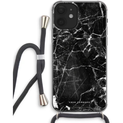 Afbeelding van Case Company® hoesje met Koord geschikt voor iPhone 12 mini Zwart Marmer Telefoonhoesje Extra Bescherming aan alle Kanten en Over de Schermrand