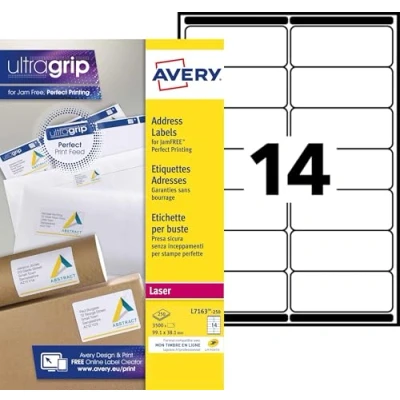 Afbeelding van Avery L7163 doos met 3500 zelfklevende etiketten (14 per vel) 99,1 x 38,1 mm laserdruk wit