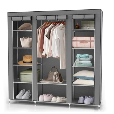 Afbeelding van Intirilife opvouwbare Garderobekast 150x175x45 cm in ASH GREY Vouwkast met ritssluiting Stoffen kledingroede, vakken en zijvak Campinggarderobe textielgarderobe