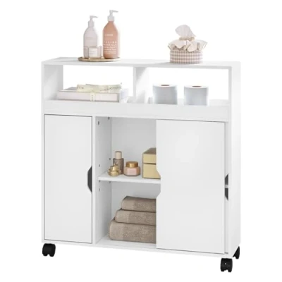Afbeelding van EUGAD Badkamermeubel met wieltjes open en verborgen vakken, multifunctionele kast deuren, voor keuken, badkamer, hout, wit, 70 x 20 71,5 cm, 0210WY