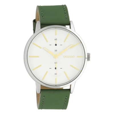 Afbeelding van OOZOO Timepieces Zilverkleurige horloge met lelie groene leren band C10586