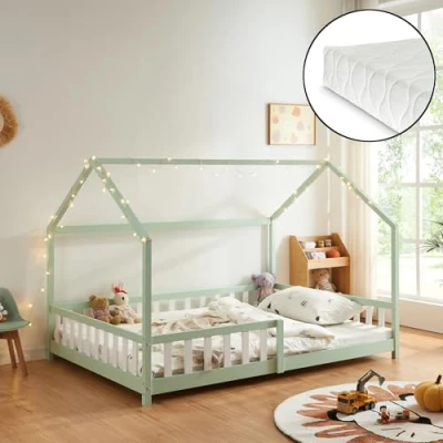 Afbeelding van Kinderbed Hesel huisbed met matras en uitvalbeveiliging 120x200 cm mint [en.casa] [neu.haus]