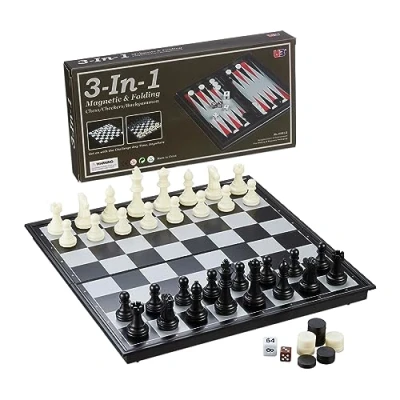 Afbeelding van Relaxdays 3 in 1 schaakbord set damspel backgammon reisspel magnetisch inklapbaar