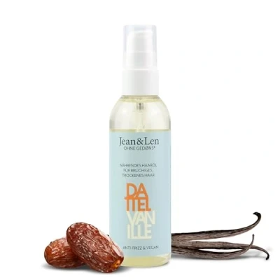 Afbeelding van Jean &amp; Len Voedende dadel en vanilleolie, met anti kroeseffect, voor droog broos haar, vergemakkelijkt het stylen, vanillegeur, siliconen parabenenvrij, veganistisch, 100 ml