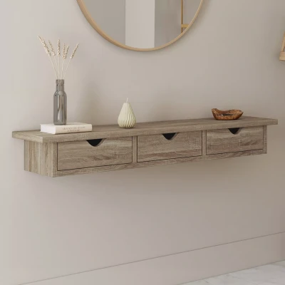 Afbeelding van Etagère murale console d&#039;entrée LISE 3 tiroirs façon hêtre