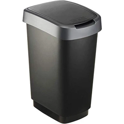 Afbeelding van Rotho Twist afvalemmer met deksel, 25 l, kan als schommel of klapdeksel worden gebruikt, kunststof (PP) BPA vrij, zwart/zilver, l (33,3 x 25,2 47,6 cm)