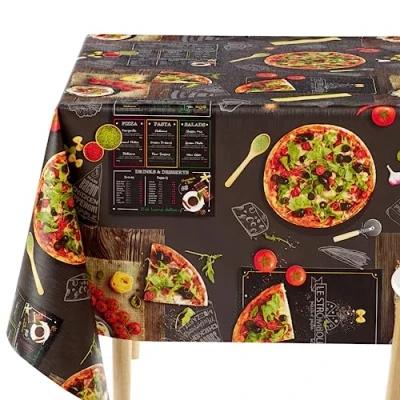 Afbeelding van KP HOME Rechthoekig tafelkleed, tafelzeil, 140 x 250 cm, pvc motief zwart bord, met heerlijke pizzas, gewaxt bistrostijl, kunststof wasbaar,