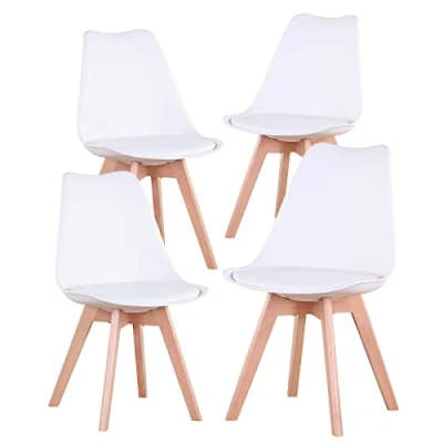 Afbeelding van BenyLed Set van 4 eetkamerstoelen, retro gestoffeerde keukenstoelen met massief beukenhouten poten voor woonkamer, slaapkamer, keuken, kantoor, wit