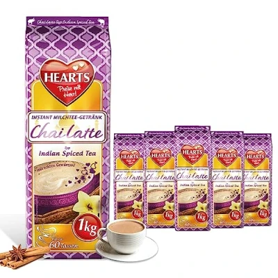 Afbeelding van Hearts Chai Latte 5 x 1 kg instant melkthee, gemakkelijk oplosbaar met echte kruiden, kruidige thee voor horeca en thuis, voeg gewoon water toe 250 kopjes