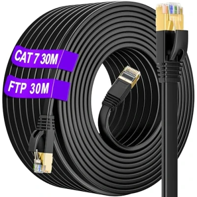 Afbeelding van Cat 7 LAN kabel 30 meter outdoor &amp; indoor, S/FTP High Speed 10 Gbit/s 600MHz lange platte ethernetnetnetwerkkabel waterdicht, (50 clips) sneller dan 6/Cat 5, voor Xbox/switch/router