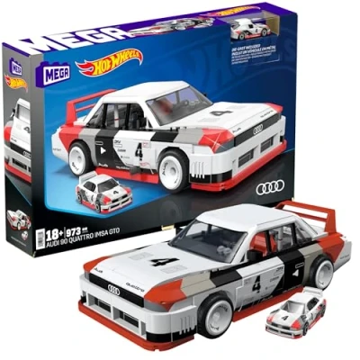 Afbeelding van MEGA Hot Wheels HRY20 Verzamelbaar autospeelgoed, Audi 90 Quattro IMSA GTO met 973 onderdelen en Die Cast model, verzamelaarsset om te monteren presenteren, rood