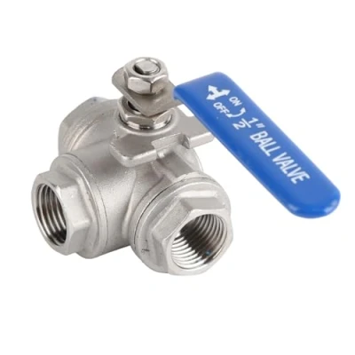 Afbeelding van Messing Kogelkraan Drieweg Type Innerlijke Draad DN15 Splinter 1 stuk met Hendel Handvat Roestvrij Staal SUS304 Blauw