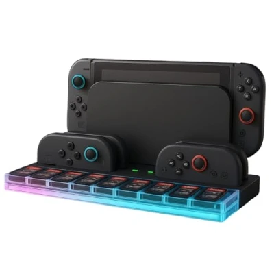 Afbeelding van MMOBIEL Oplaadstation voor Nintendo Switch 2 laadstation 4 Joy Con controllers met RGB verlichting, 9 speelkaartvakken en led indicatoren organizer NS2
