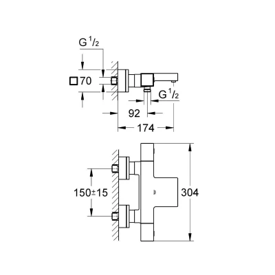 Afbeelding van GROHE Cube badkraan thermostatisch met omstel, koppelingen HOH=150