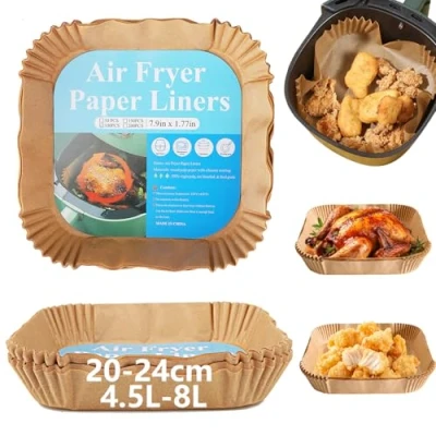 Afbeelding van 100 vellen bakpapier voor heteluchtfriteuse, zuivere houtpasta, dubbelzijdige siliconencoating, oliebestendig en anti aanbaklaag, airfryer, oven magnetron