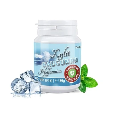 Image de Xylit chewing gum Adieu les caries : 80 gums sans sucre avec 100 % xylitol, aspartame, végétalien menthe poivrée (1 paquet)