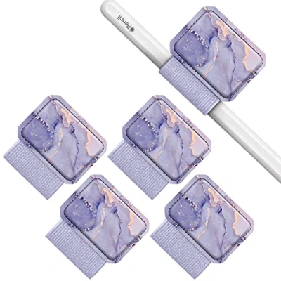 Afbeelding van Fintie Set van 4 zelfklevende pennenhouders voor Apple Pencil en stylus, kunstlederen elastieken notitieblok, kalender, tablet, map, paars gemarmerd