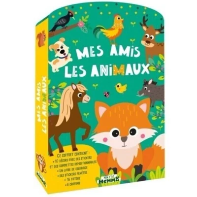 Image de Mon P&#039;tit Hemma Mes amis les animaux Ce coffret contient: 10 décors avec des stickers et gommettes repositionnables, un livre de coloriage, fenêtre, 16 tattoos, 6 crayons