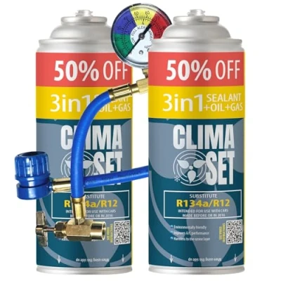 Afbeelding van ClimaSet 3 in 1 R134a koelgas vervanging, 2 x 235 g, voor airconditioning, flexibele navulverpakking, gas R134a, Eco