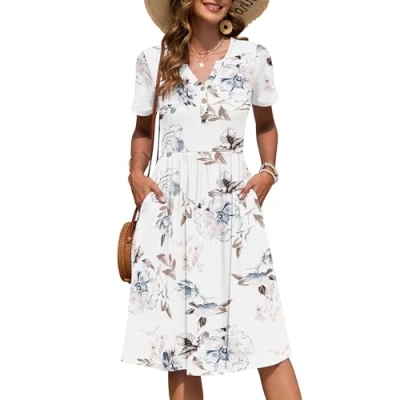 Afbeelding van AUSELILY Geplooide zomerjurk met korte mouwen en V hals zakken voor dames, Wit bloemenpatroon., M
