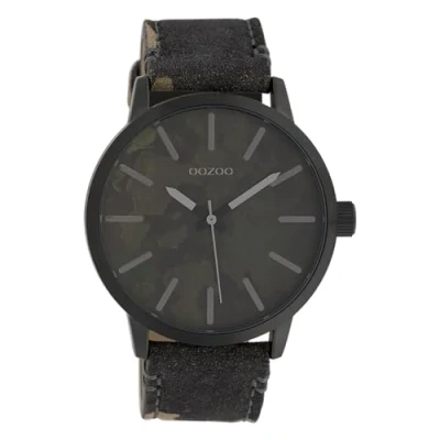 Afbeelding van OOZOO Timepieces Zwarte horloge met camouflage leren band C10003