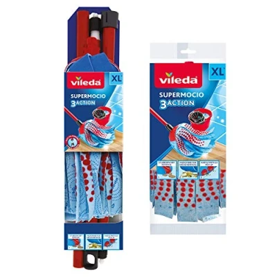 Afbeelding van Vileda SuperMocio 3Action XL Compacte mop met extra reservekop voor vloerreiniging, 1 bezem en navulverpakking, 12 x 11 48 cm, rood/blauw