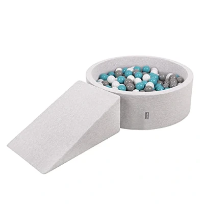 Afbeelding van KiddyMoon Speelplaats van schuimrubber met rond ballenbad / ballengracht (200 ballen) voor baby&#039;s, obstakels, gemaakt in de EU, lichtgrijs: grijs, wit, turquoise