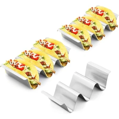 Afbeelding van Set van 3 taco houders roestvrij staal met handgrepen, voor maximaal taco&#039;s gebruik in restaurant en thuis