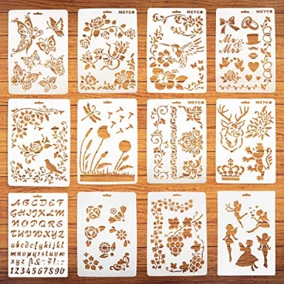 Afbeelding van Sjabloon voor tekeningen, schilderen, kunst, sjablonen op hout en muren, herbruikbaar, 12 stuks