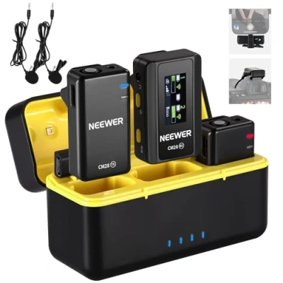 Afbeelding van Neewer CM28 Draadloos stropdas microfoonsysteem met oplaadetui, 2 microfoonclips, ruisonderdrukking 1 klik, 4 GB geheugen, 9 uur speeltijd, stropdasmicrofoon compatibel