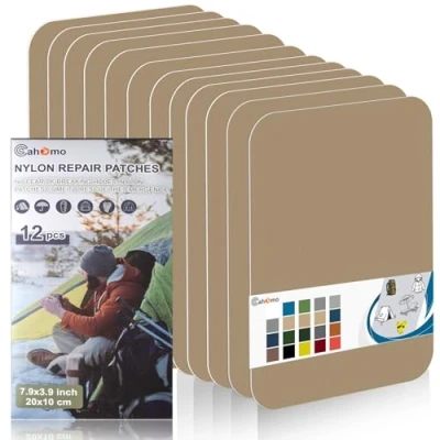 Afbeelding van Cahomo 12 stuks nylon reparatiepleisters, zelfklevend, waterdicht, 20 x 10 cm, voor jassen, tenten, outdoorkleding, kaki