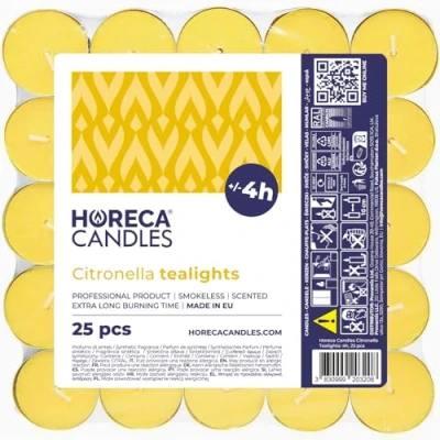 Afbeelding van Horeca Candles Citroengras theelichtjes Set van 25 geurkaarsen Brandduur 4 uur Buitenverlichting, balkon, picknick, camping