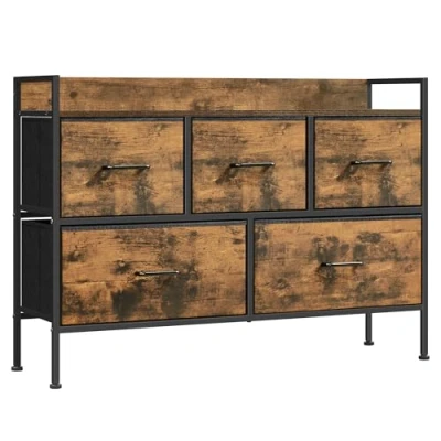 Afbeelding van SONGMICS Ladekast slaapkamer opbergkast 5 laden stof met handgrepen commode voor woonkamer hal stalen frame vintage bruin inkt zwart LTS135B01