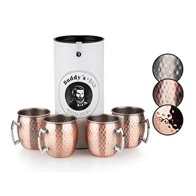 Afbeelding van Moscow Mule Beker, 550 ml, hoogwaardige roestvrij stalen beker met koperen coating, geschikt voor levensmiddelen, hamerslag effect, cocktailbeker inclusief geschenkdoos, gehamerd koper, Set van 4