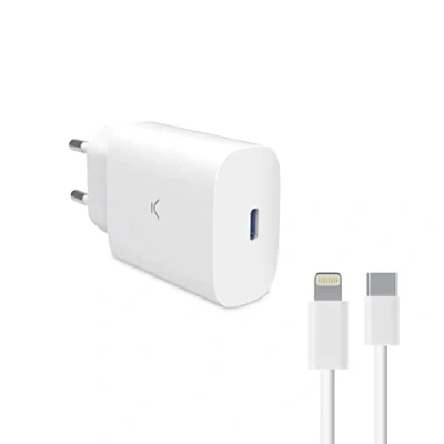 Image de KSIX Adaptateur secteur Technologie PPS et GaN 30 Watt PD, Ultra Fast Charge (24 pin USB C) sur le Câble : Lightning blanc avec C vers (1m)