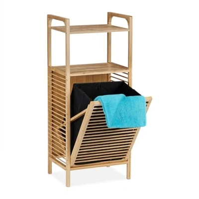Afbeelding van Relaxdays Badkamerrek met wasmand, 2 planken, 95 x 40 30 cm (h b d), kantelbaar, bamboe, stof, natuur/zwart
