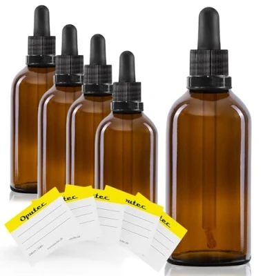 Afbeelding van Oputec 5 stuks 100 ml bruine glazen pipetflessen met pipet + 10 etiketten apotheekflessen voor aromatherapie, cosmetica, lichtbeschermde druppelaar,