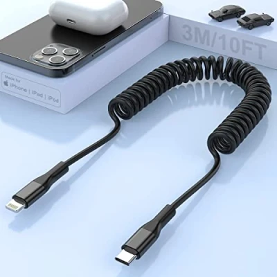 Afbeelding van spiraalkabel USB C naar Lightning kabel [MFi gecertificeerd en CarPlay compatibel], 3 m/10 voet Apple compatibel met iPhone 14 Pro/14/13 Pro/13/12/11/X/8 Pad