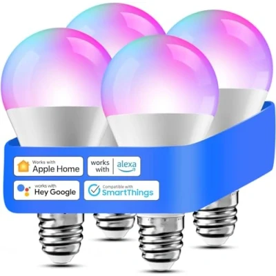 Afbeelding van Slimme wifi ledlamp, E27, compatibel met Apple HomeKit, Alexa en Google Home, RGBWW lamp, veelkleurig, dimbaar, spraakbesturing bediening op afstand 4 stuks