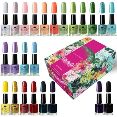 Afbeelding van Oh La Lacquer Nagellakset, luxe collectie met 24 moderne kleuren (elk 12 ml), duurzaam, sneldrogend, sterk gepigmenteerd, elegante bloemendoos