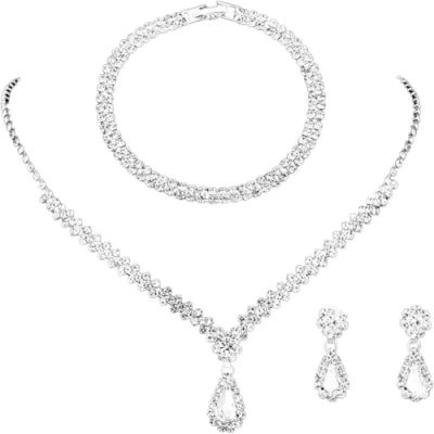 Afbeelding van TOEECY Bruidssieradenset, strass, halsketting met hanger, parel, armband oorbellen, bal, bruid, sieraden, set, Lak Metaal