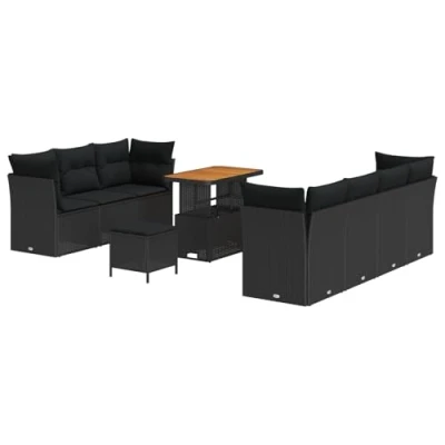 Afbeelding van vidaXL 10 delige Tuin Sofa Set met Kussens Zwart Poly Rattan Acacia, 3 Eet Acacia