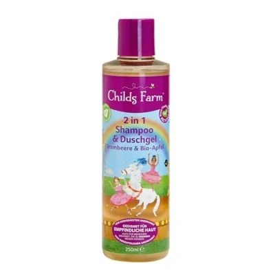 Afbeelding van Childs Farm 2 in 1 shampoo en douchegel voor kinderen, 250 ml, biologische braambes appel, geschikt droge, gevoelige eczeemgevoelige huid