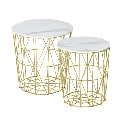 Afbeelding van HOMCOM Set van 2 uittrekbare salontafels, ronde inbouwtafels, neo retrostijl, tweekleurig, goudmetalen frame, MDF plaat, marmerlook, wit