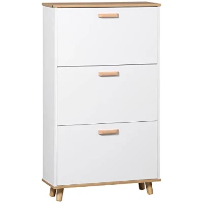Afbeelding van HOMCOM schoenenrek, Scandinavische stijl, 3 kleppen, houtlook, 70 x 23,5 122 cm, wit